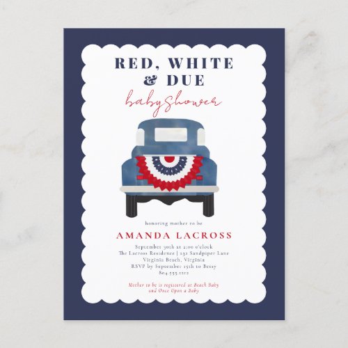 Red White and Due Patriotic Baby Shower  Postcard