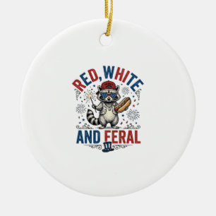 Red White and Feral Patriotic Raccoon Shirt_1 Ceramic Ornament