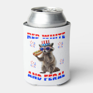 Red White And Feral Patriotic Racoon 4th Can Cooler