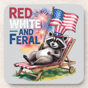 Red White And Feral Raccoon Beverage Coaster