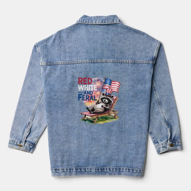 Red White And Feral Raccoon Denim Jacket (Back)