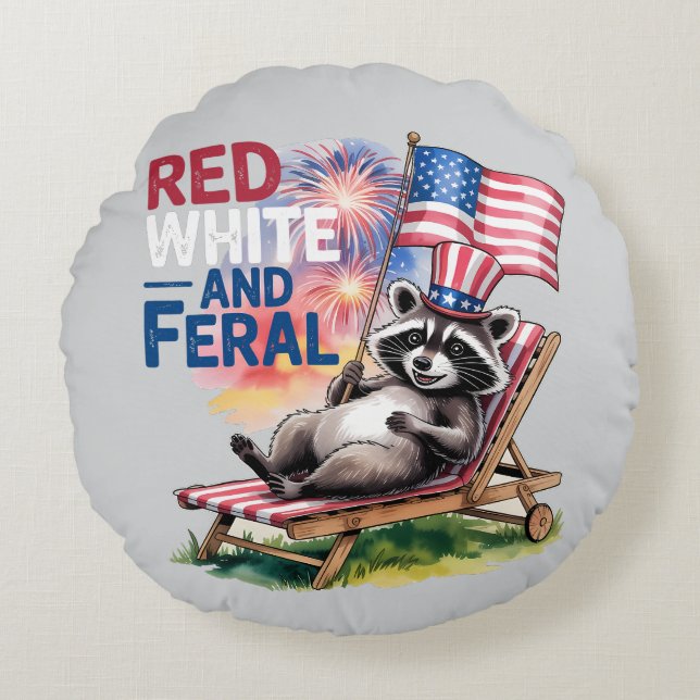 Red White And Feral Raccoon Round Pillow (Front)