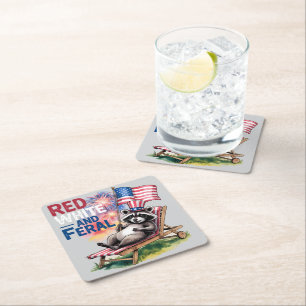 Red White And Feral Raccoon Square Paper Coaster