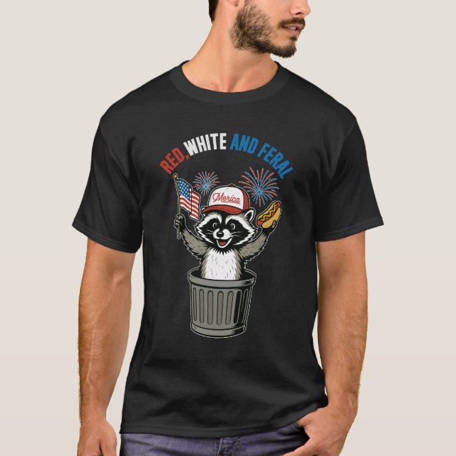 Red White and Feral Raccoon T-Shirt (Front)