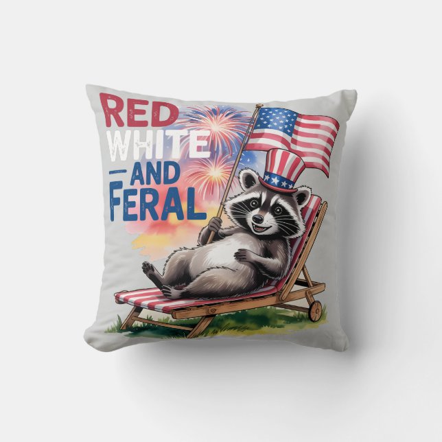 Red White And Feral Raccoon Throw Pillow (Front)
