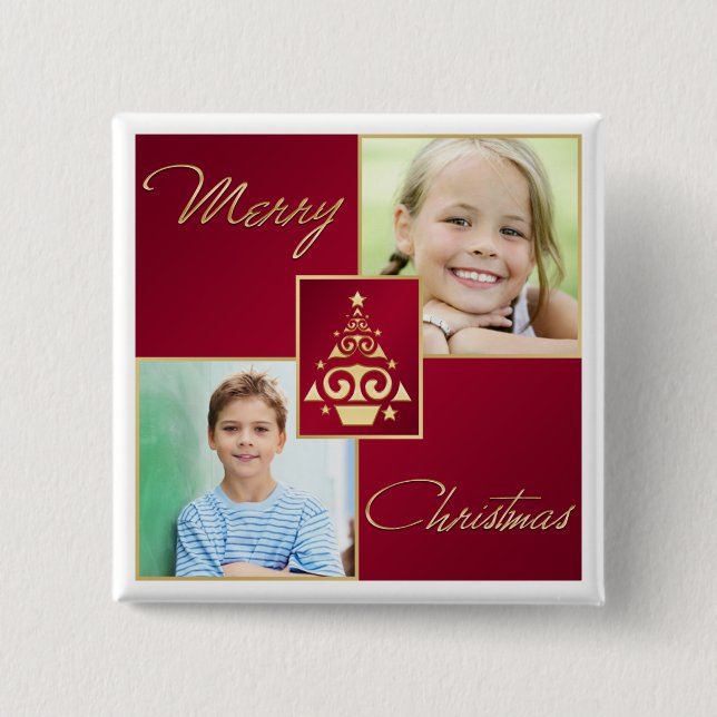 Red, White, and Gold Christmas Tree Photo Button (Front)