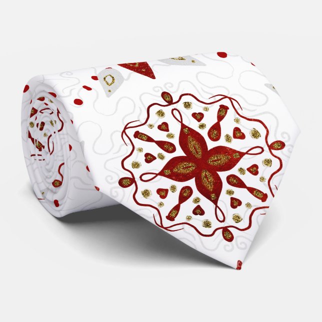 Red, White and Gold Glittery Nordic Pattern Neck Tie (Rolled)