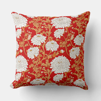 Red White and Gold Japanese Chrysanthemum Floral Throw Pillow