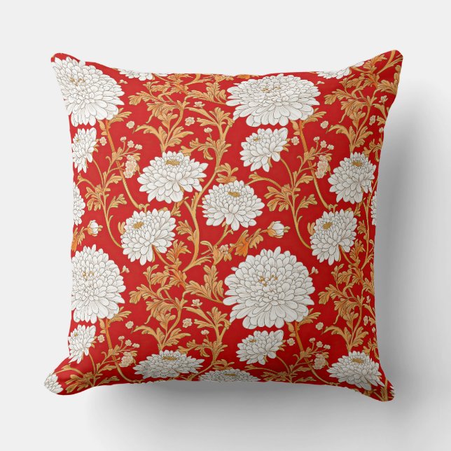 Red White and Gold Japanese Chrysanthemum Floral Throw Pillow (Front)