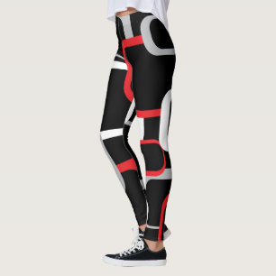 Red White and Gray Retro Squares Black Background Leggings