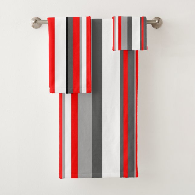Red white and gray Stripes Bath Towel Set (Insitu)