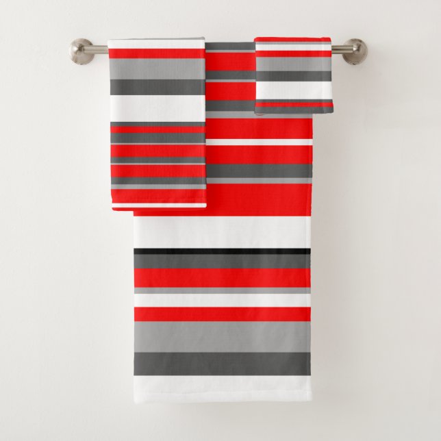 Red white and gray Stripes  Bath Towel Set (Insitu)