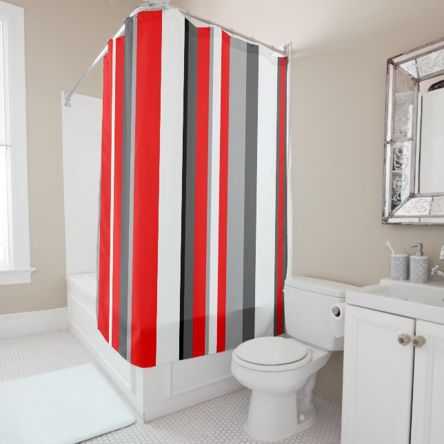 Red white and gray Stripes Shower Curtain (In Situ)