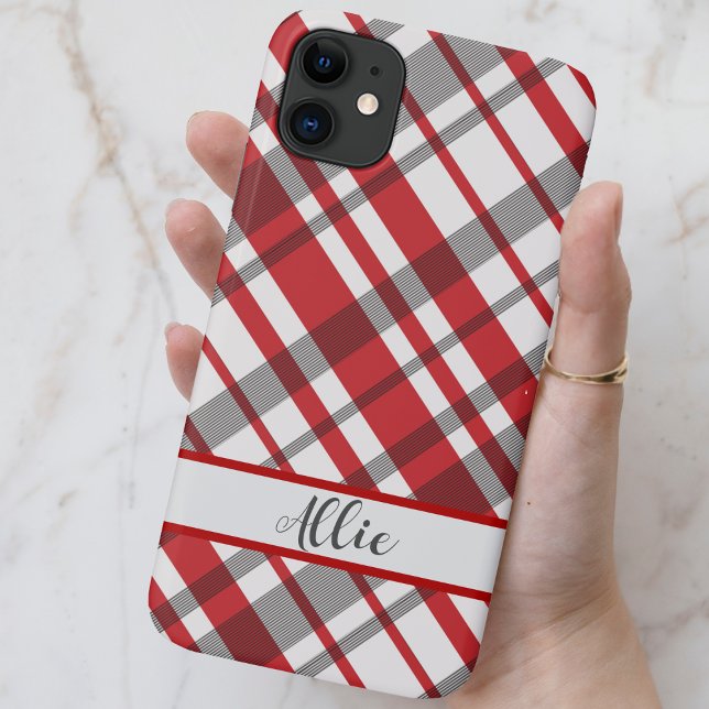 Red, White and Gray Tartan Plaid Custom Case-Mate iPhone Case (Red, White and Gray Tartan Plaid Custom Phone Case - Select your phone size and add your name!)