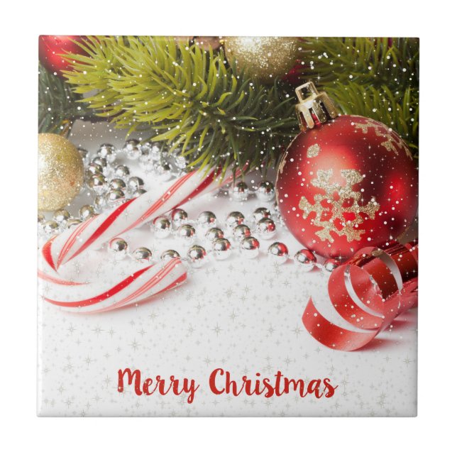Red White And Green Christmas Decor Ceramic Tile (Front)