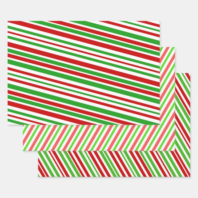 Red, White and Green Christmas-Themed Stripes Wrapping Paper Sheets (Set)