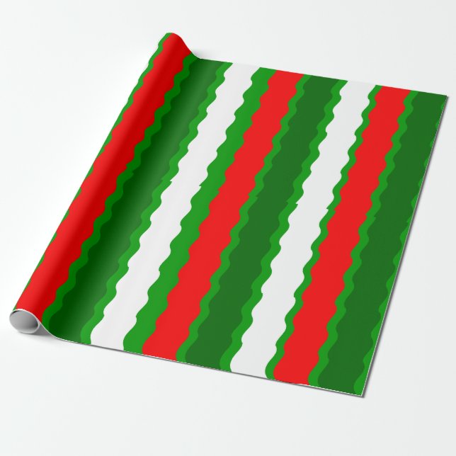 Red White and Green Christmas Waves Wrapping Paper (Unrolled)