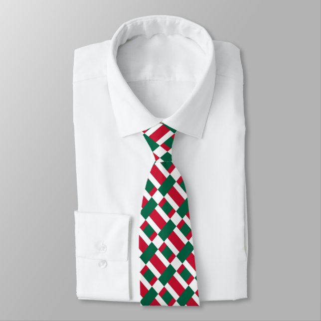Red White And Green Color Block Print Neck Tie (Tied)