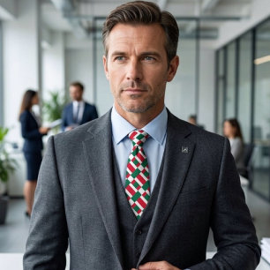 Red White And Green Color Block Print Neck Tie