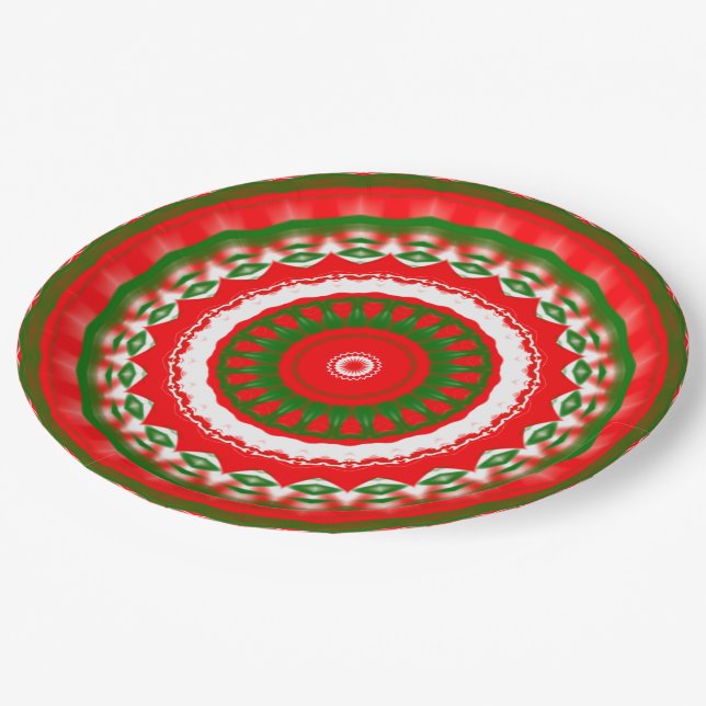 Red, White and Green Mandala Paper Plates (Angled)