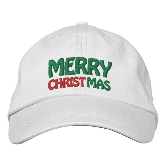 Red White and Green Merry Christmas Embroidered Baseball Cap (Front)