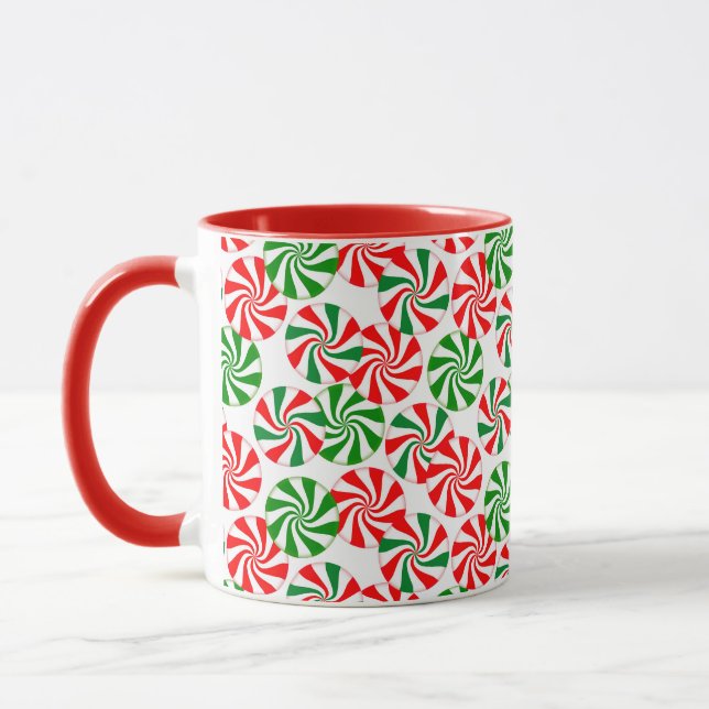 Red White and Green Peppermint Candy Swirl Pattern Mug (Left)