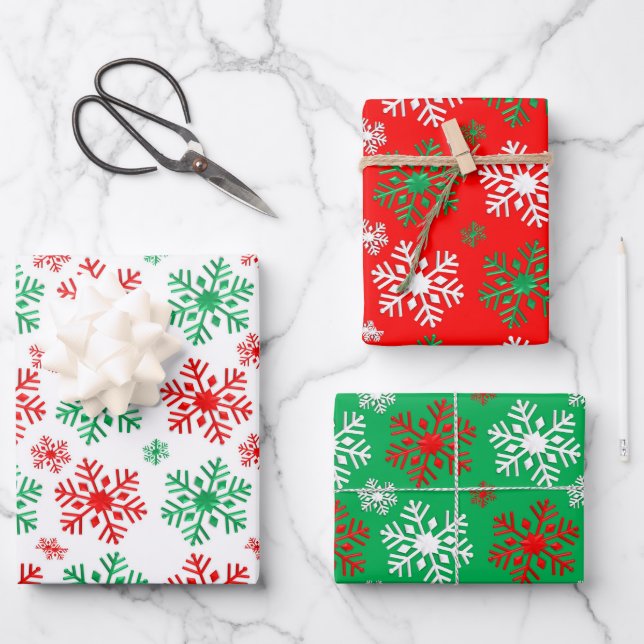 Red White And Green Snowflake Pattern  Wrapping Paper Sheets (Front)