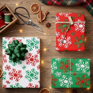 Red White And Green Snowflake Pattern Wrapping Paper Sheets
