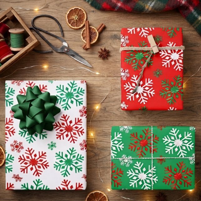 Red White And Green Snowflake Pattern  Wrapping Paper Sheets (Creator Uploaded)