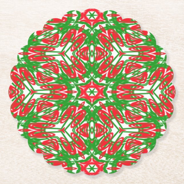 Red, White and Green Snowflakes Paper Coaster (Front)