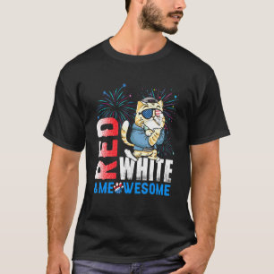 Red White And Meowsome Fireworks Cat 4th Of July T-Shirt