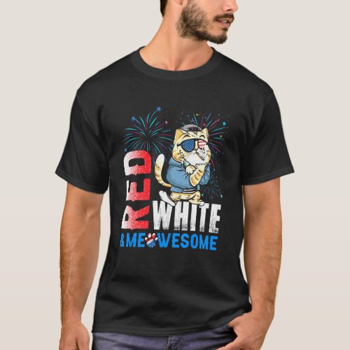 Red White And Meowsome Fireworks Cat 4th Of July T_Shirt