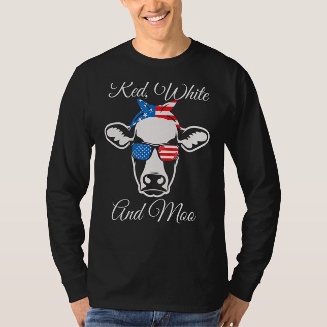Red White And Moo American Flag Cow  July 4th T-Shirt (Front)