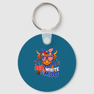 Red white and moo funny patriotic highland cow usa keychain
