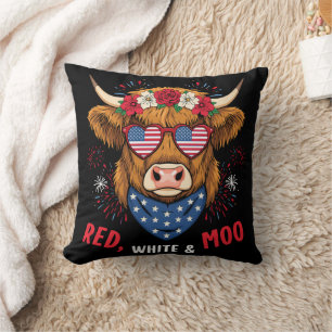 Red White and Moo Highland Cow 4th July 250 Years Throw Pillow