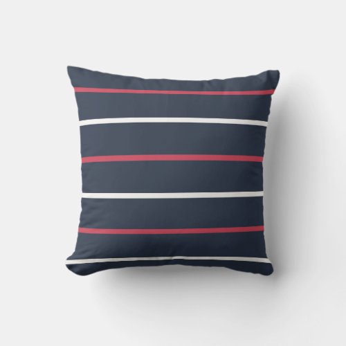 Red White and Navy Blue Stripes Outdoor Pillow