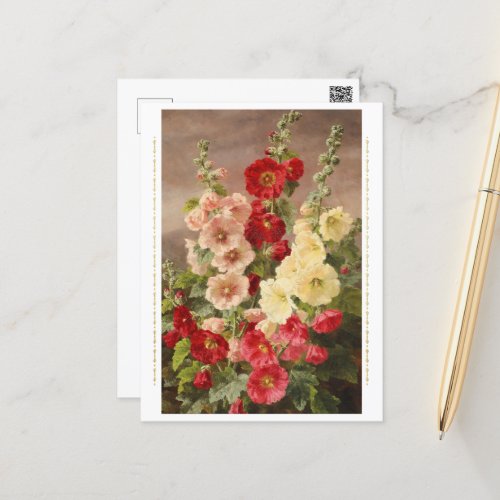 Red white and pink hollyhocks Christensen Postcard