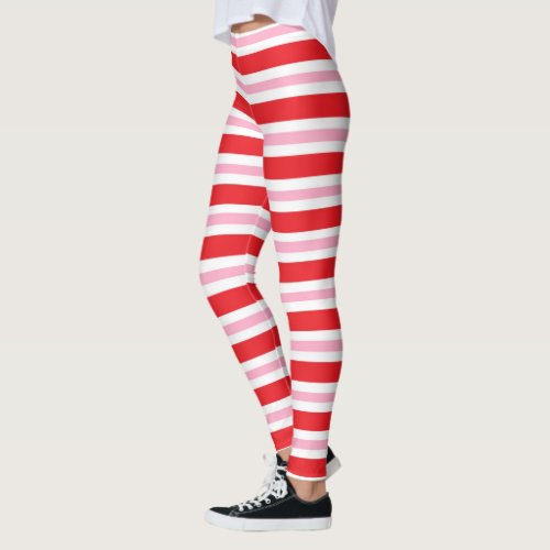 Red White and Pink Thick and Thin Stripes Leggings