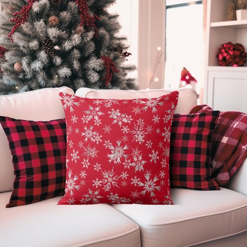 Red White and Silver Stylish Snowflake Throw Pillow