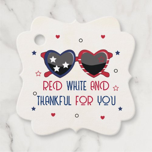 Red White and Thankful For You Heart Sunglasses Favor Tags