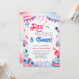 Red, White, and THREE - 4th of July 3rd Birthday Invitation