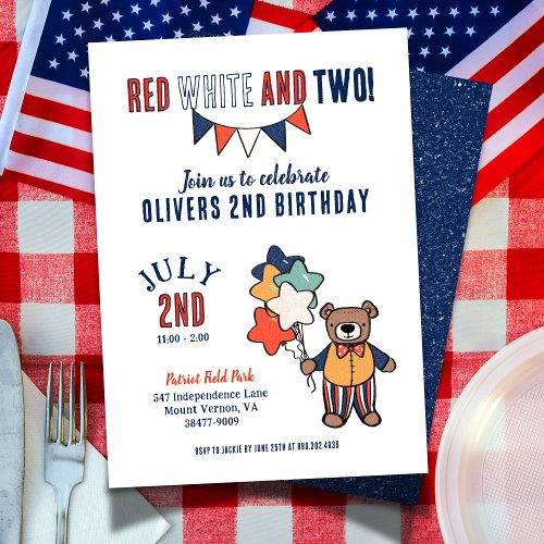 Red White and Two 2nd Birthday Party Invitation