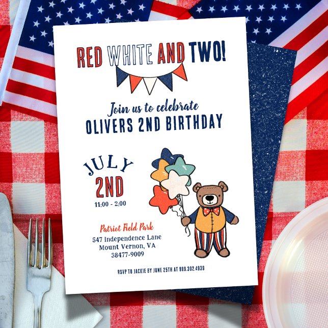 Red, White, and Two 2nd Birthday Party Invitation (Creator Uploaded)