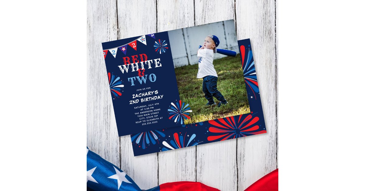 Red White and TWO 2nd Birthday Photo Invitation | Zazzle