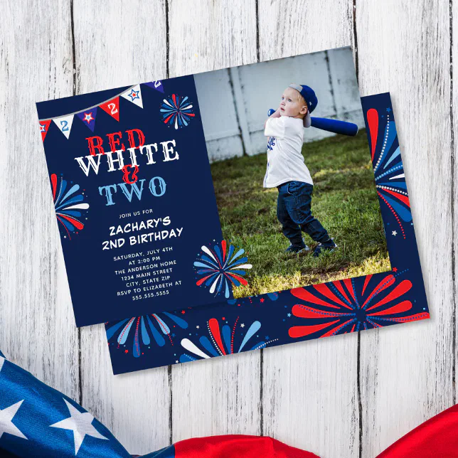 Red White and TWO 2nd Birthday Photo Invitation | Zazzle