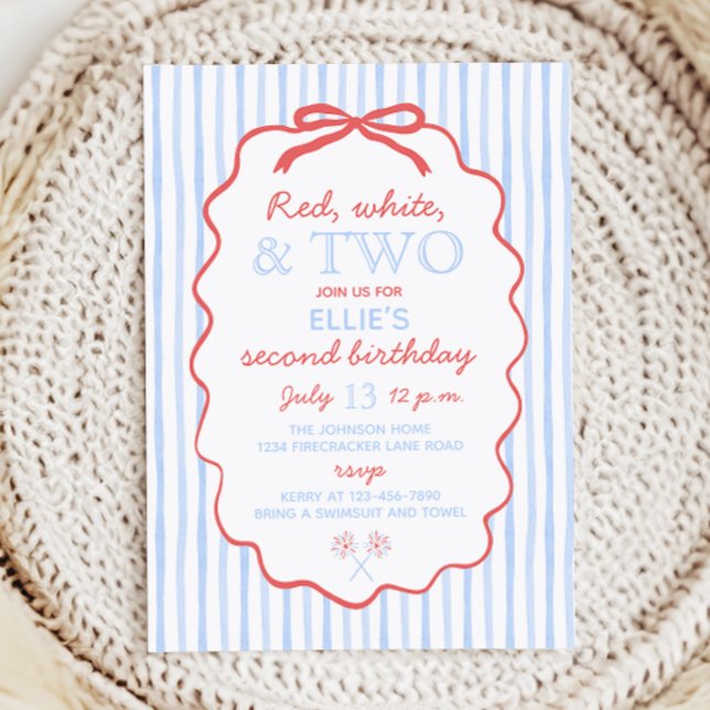 Red White and Two 4th of July 2nd Birthday Invitation (Invitation with baby blue striped background and wavy red bow frame. Says red white and two.)