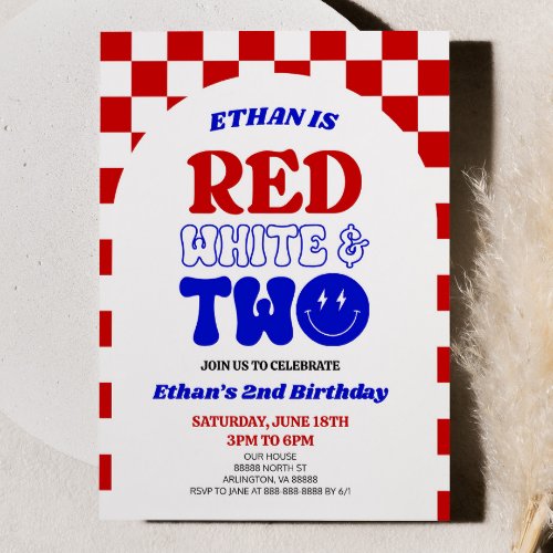 Red White and Two 4th of July 2nd Birthday Party Invitation