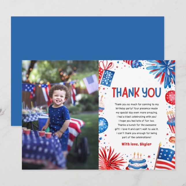 Red White and Two 4th Of July Birthday Thank you Invitation (Front/Back)