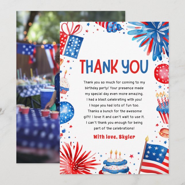 Red White and Two 4th Of July Patriotic Birthday Thank You Card (Front/Back)