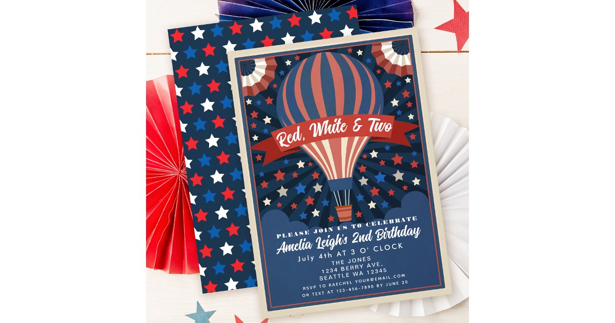 Red White and Two Balloon July 4th Kids Birthday Invitation | Zazzle